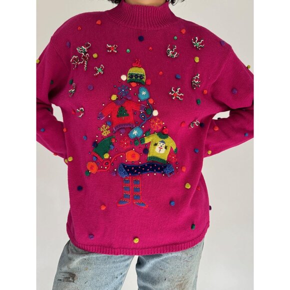 90s vintage pink festive holiday novelty embroidered ugly christmas knit sweater - Picture 6 of 10